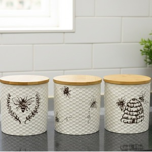 3x Ceramic Bee Storage Canister Wood Airtight Lid Kitchen Honeycomb Jar 16x12 Cm