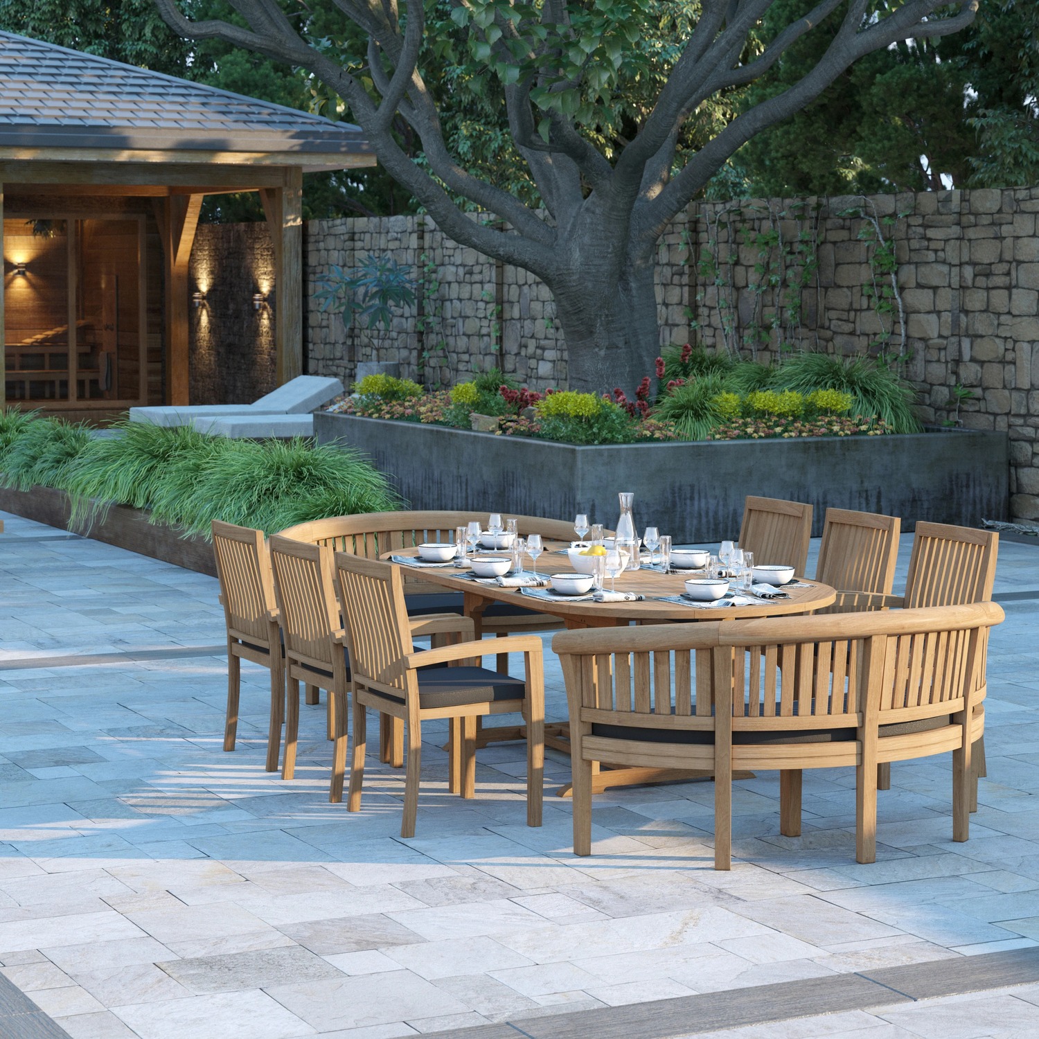 Genoa Teak Garden Dining Table And 8 Seat Chair Set - Teak Table 6 Chairs 2 Benches Green Cushions