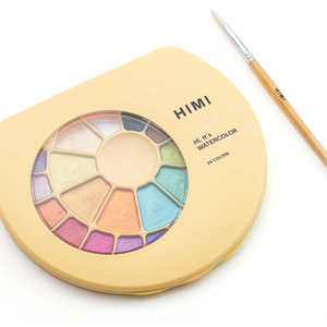 HIMI Semi-Moist Watercolour Set - 24 Colours in Pans + Brush (Yellow Case - Metallic Edition)
