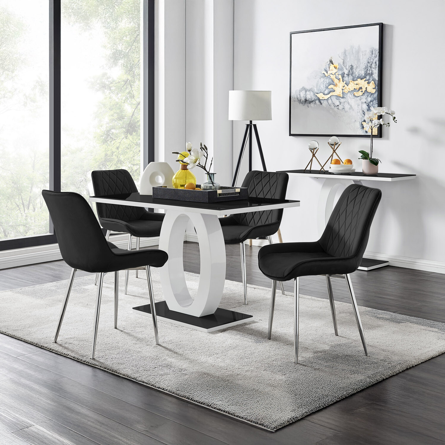 Giovani Black Dining Table With Four Pesaro Silver Leg Chairs - Black