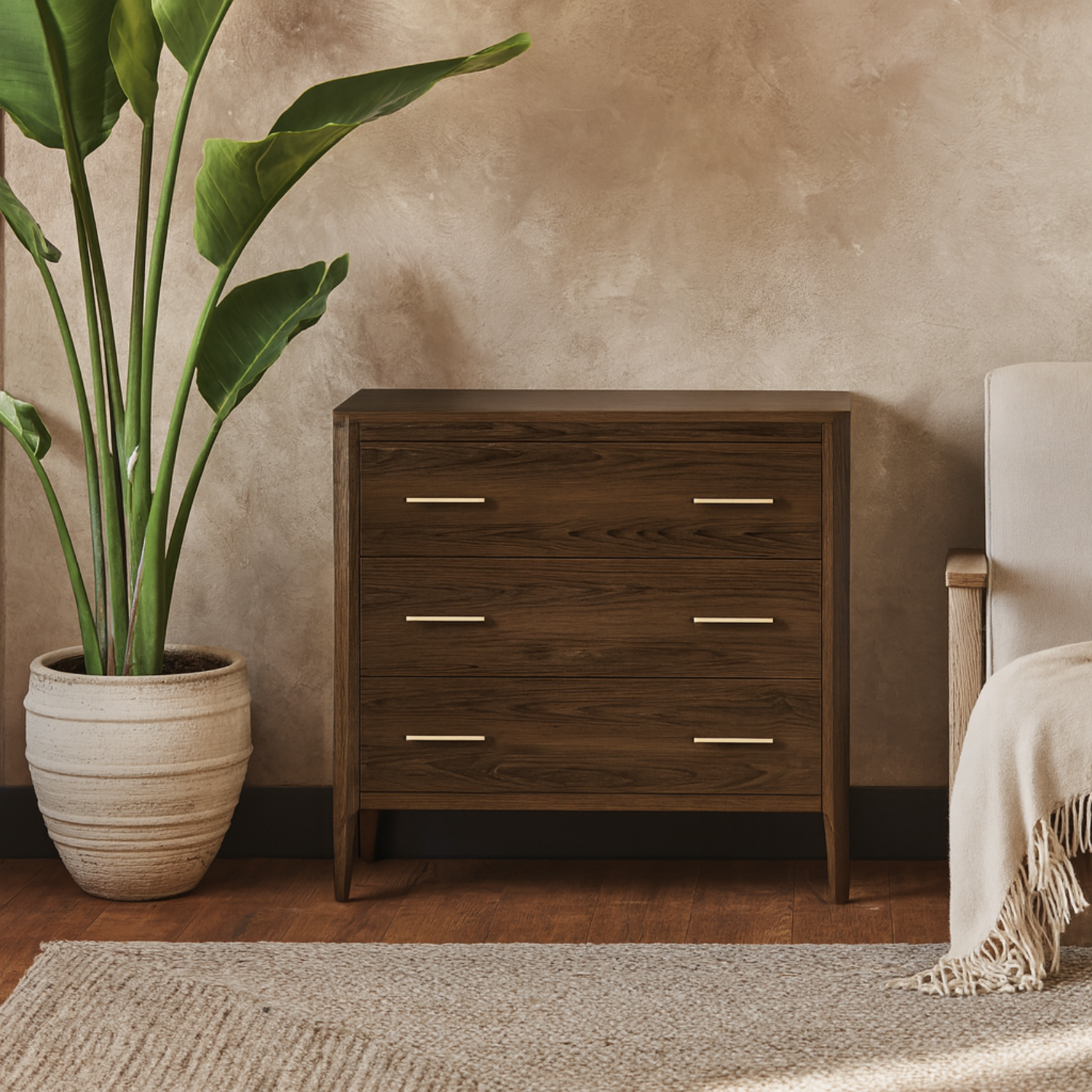 Siena Walnut Oak 3-Drawer Chest with Brushed Brass Handles - Brown