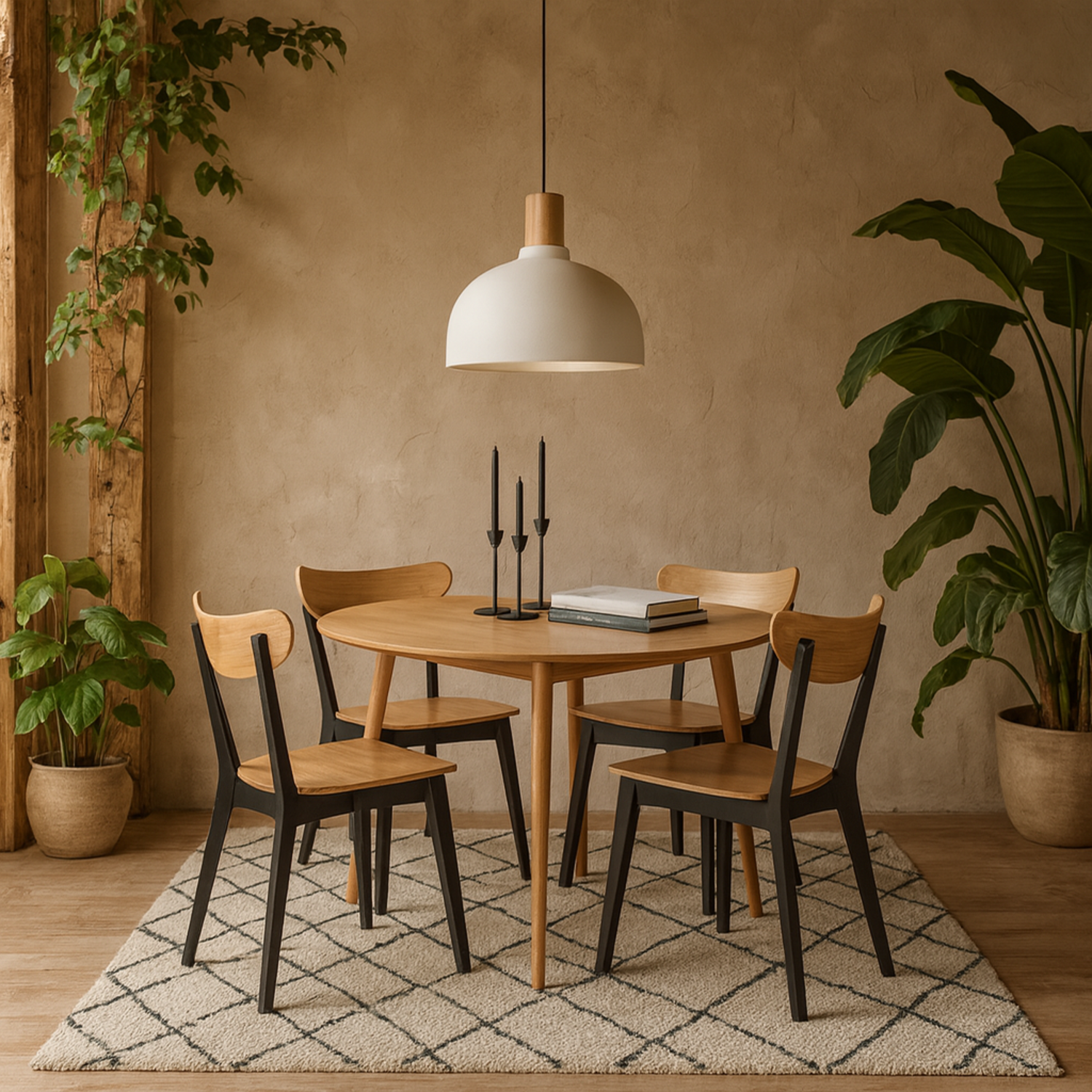 Krakow 5-piece Dining Set - Natural Oak-Effect Round Table and 4 Black Chairs - Black and Natural