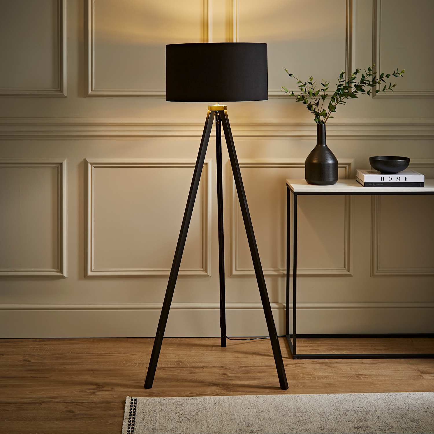 Valuelights Unisex Black Barbro Wood Tripod Floor Lamp With Gold Shade And Led Bulb - Image 2