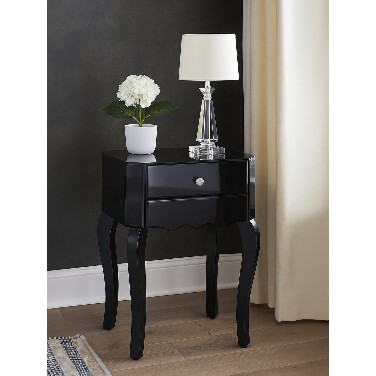 Orchid 1 Drawer Black Mirrored Glass Side Table - Black