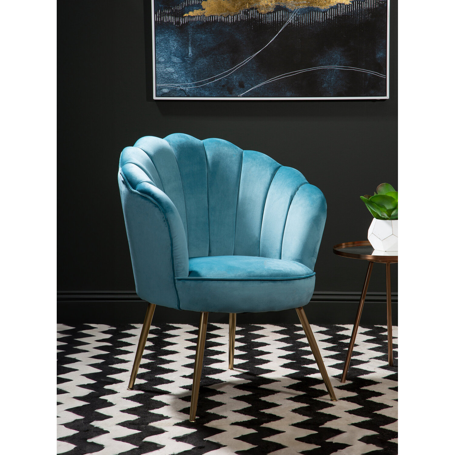 Ovala Aqua Blue Velvet Scalloped Chair - Blue
