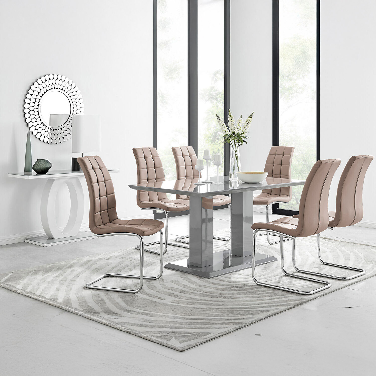 Imperia 6 Grey Dining Table and 6 Murano Chairs - Cappuccino