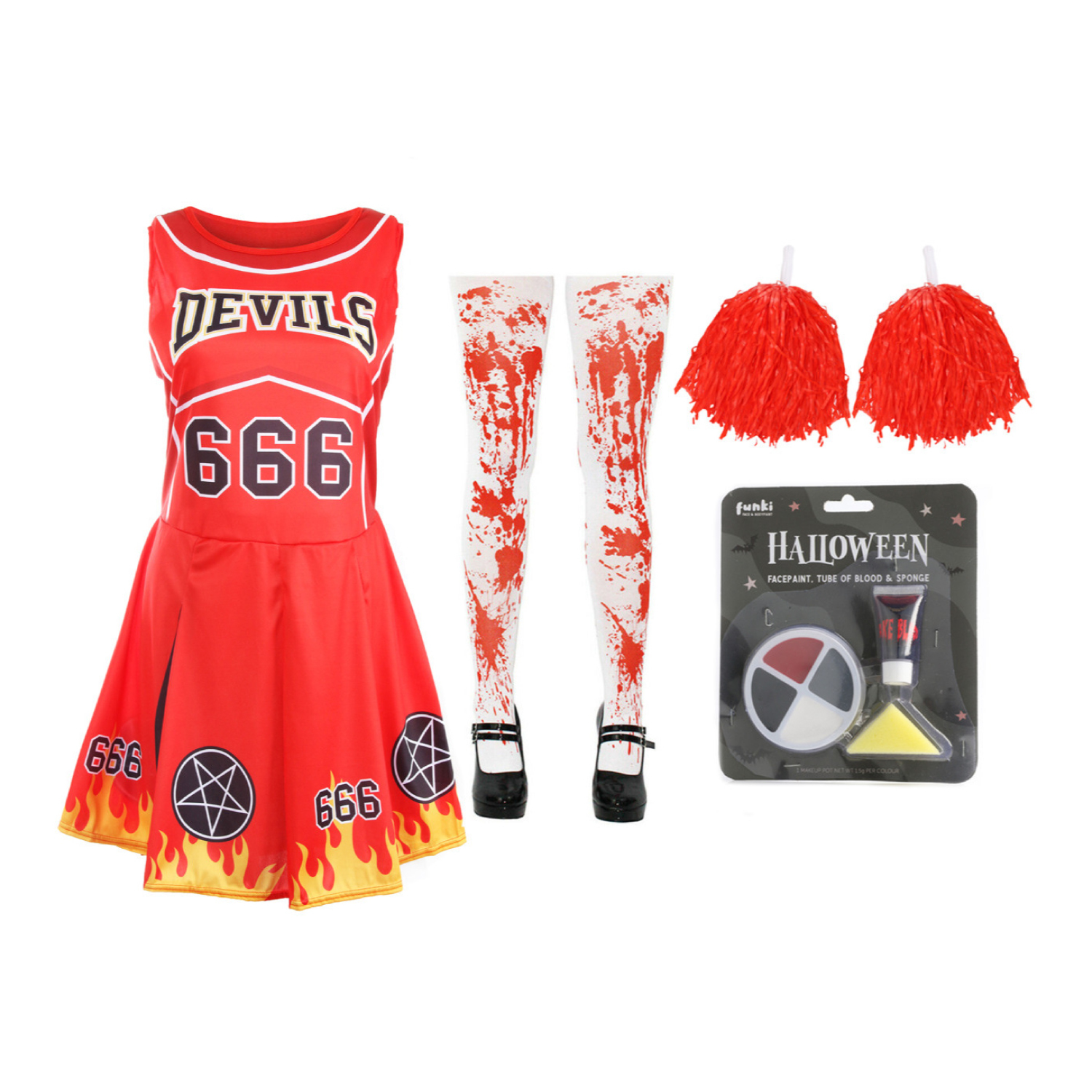 Devil Cheerleader Costume - Facepaint, Bloody Tights, and Pom Poms