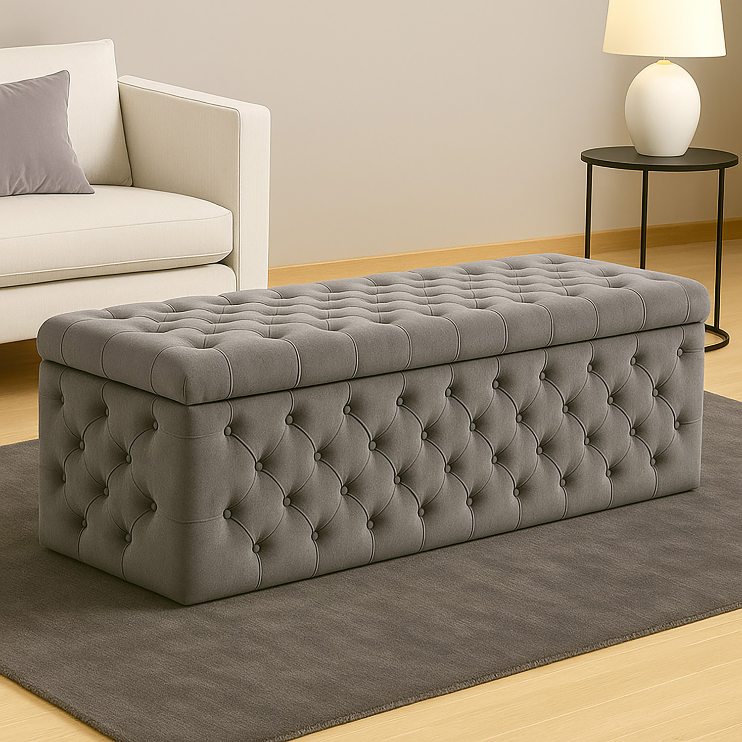 R&M Furnishers Wide Lux Ottoman Storage Box, Emerald Green Velvet Upholstered Chesterfield Storage Ottoman Box - Grey Plush Velvet