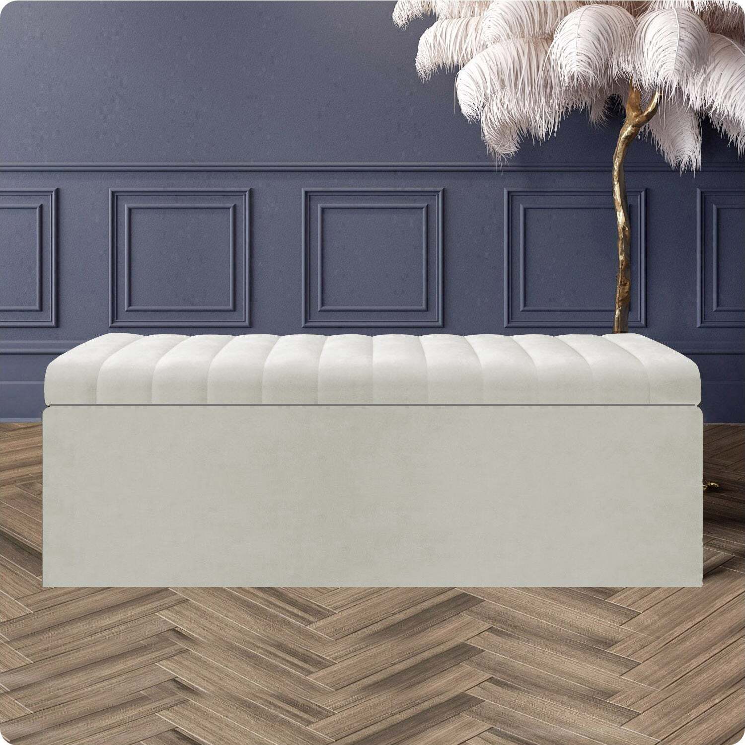 R&M Furnishers Safar Ottoman Storage Box, Plush Velvet Striped Upholstered Blanket Chest, End Of Bed Bench (White) - Cream Plush Velvet