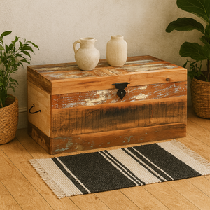 Seattle Reclaimed Wood Trunk Box with Lid Matt Finish Metal Handles