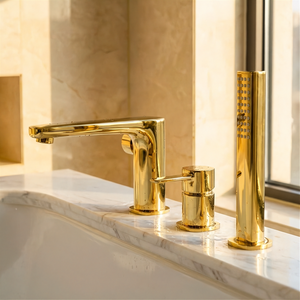 Gold 3-Hole Bath Tap Pull Out Shower Handle Space Saving Bathroom Mixer Faucet