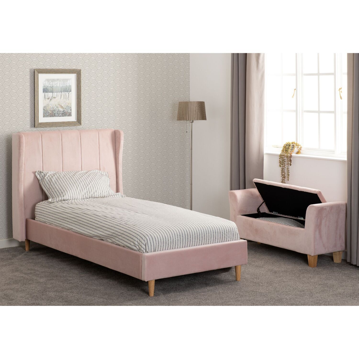 Amelia Single 3' Childrens Bed Pink Velvet Fabric Wooden Feet - Image 4
