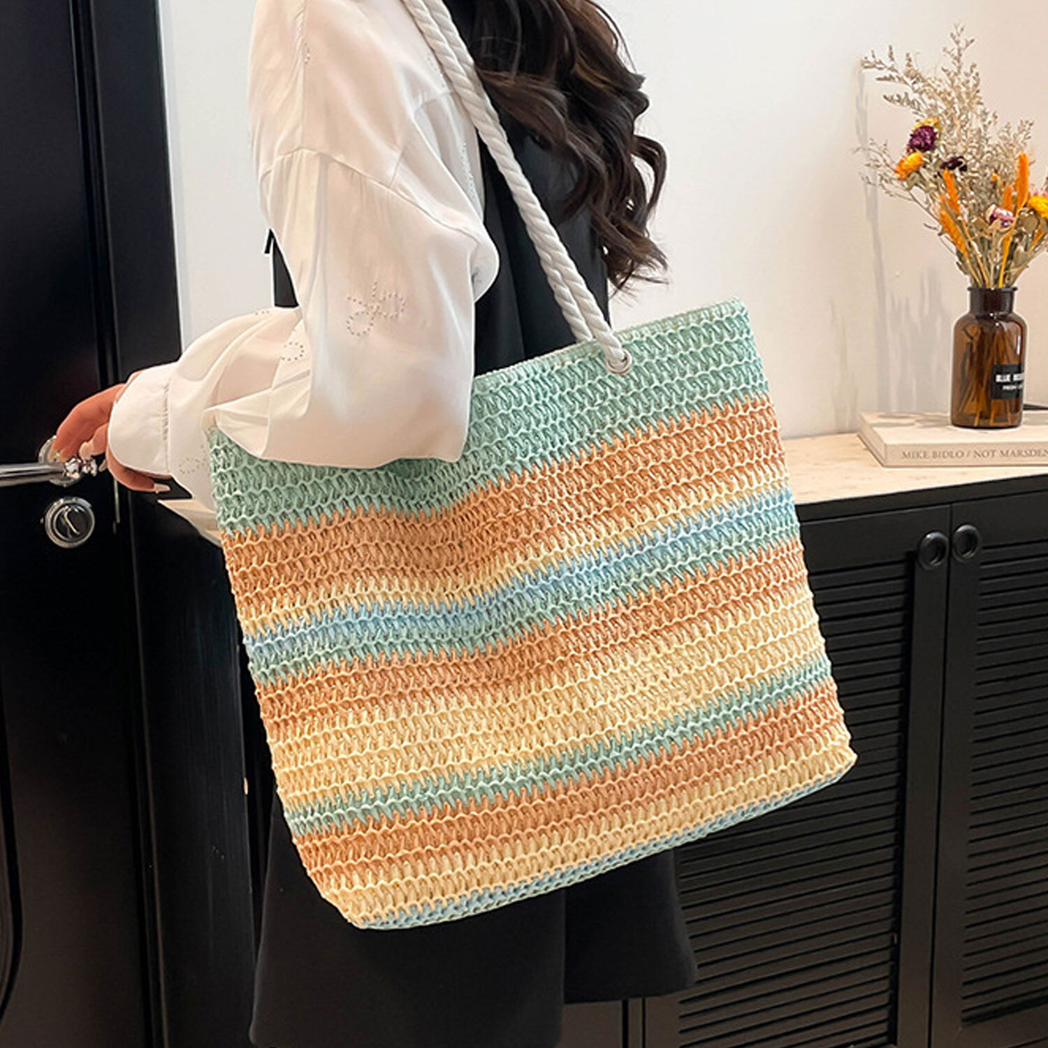 Tripe Straw Woven Tote Bag Large Capacity Shoulder Bag