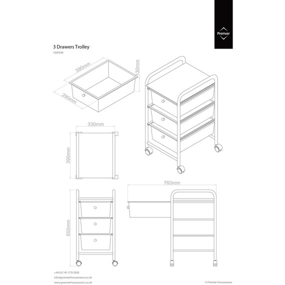 Tube Frame 3 White Plastic Drawers Trolley