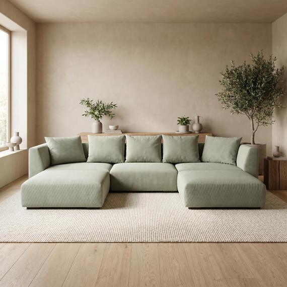 Tokyo U-Shape Modular Sofa in Natural Bamboo Basket Weave Fabric with Deep Seat