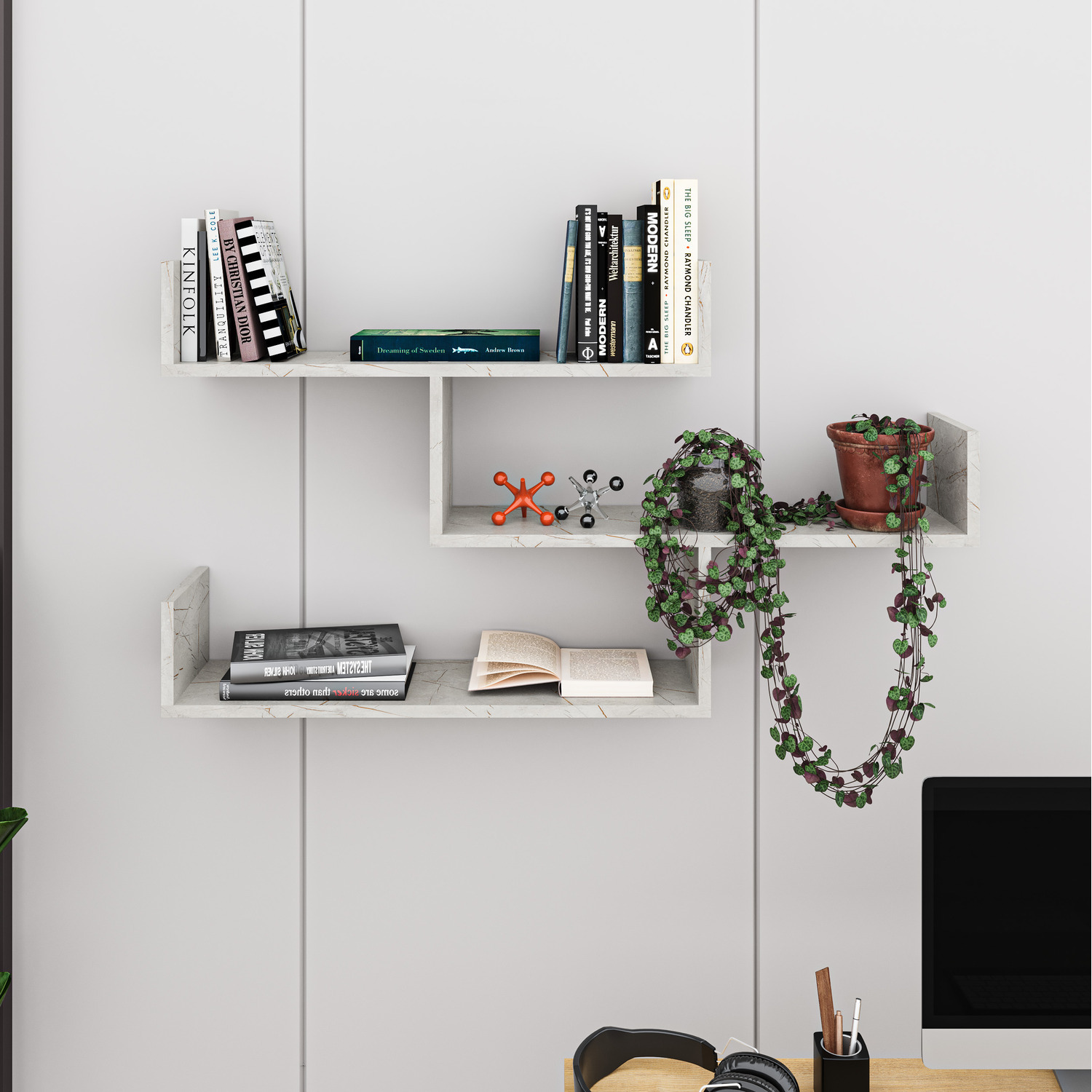 Decortie Tibet Wall Mounted Modern Bookcase Display Unit - Gold Marble Effect
