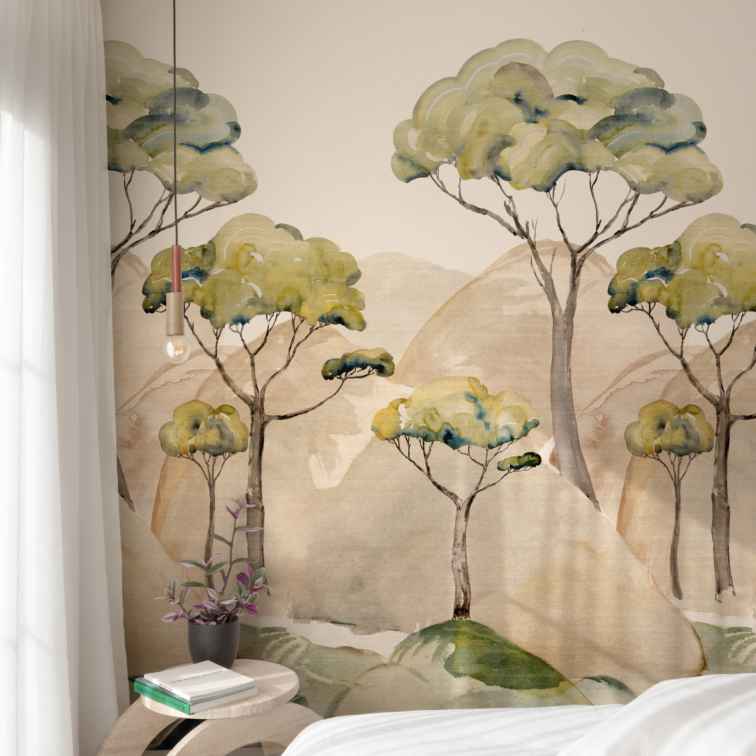 Rackhams Green/Beige Watercolour Ravello Trees Mountain Landscape 3 Panel Repeatable Mural 1.59 X 2.8M, - Image 2