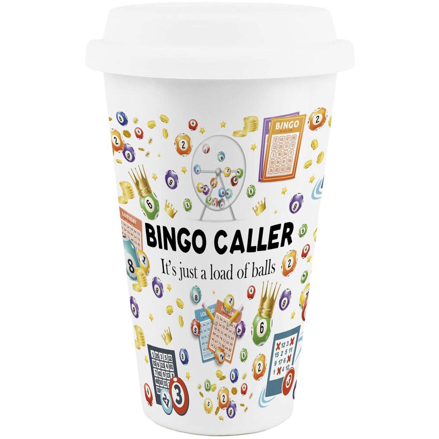 Purely Home Novelty Bingo Caller Ceramic Travel Mug - Reusable Drinks Cup Gift - White