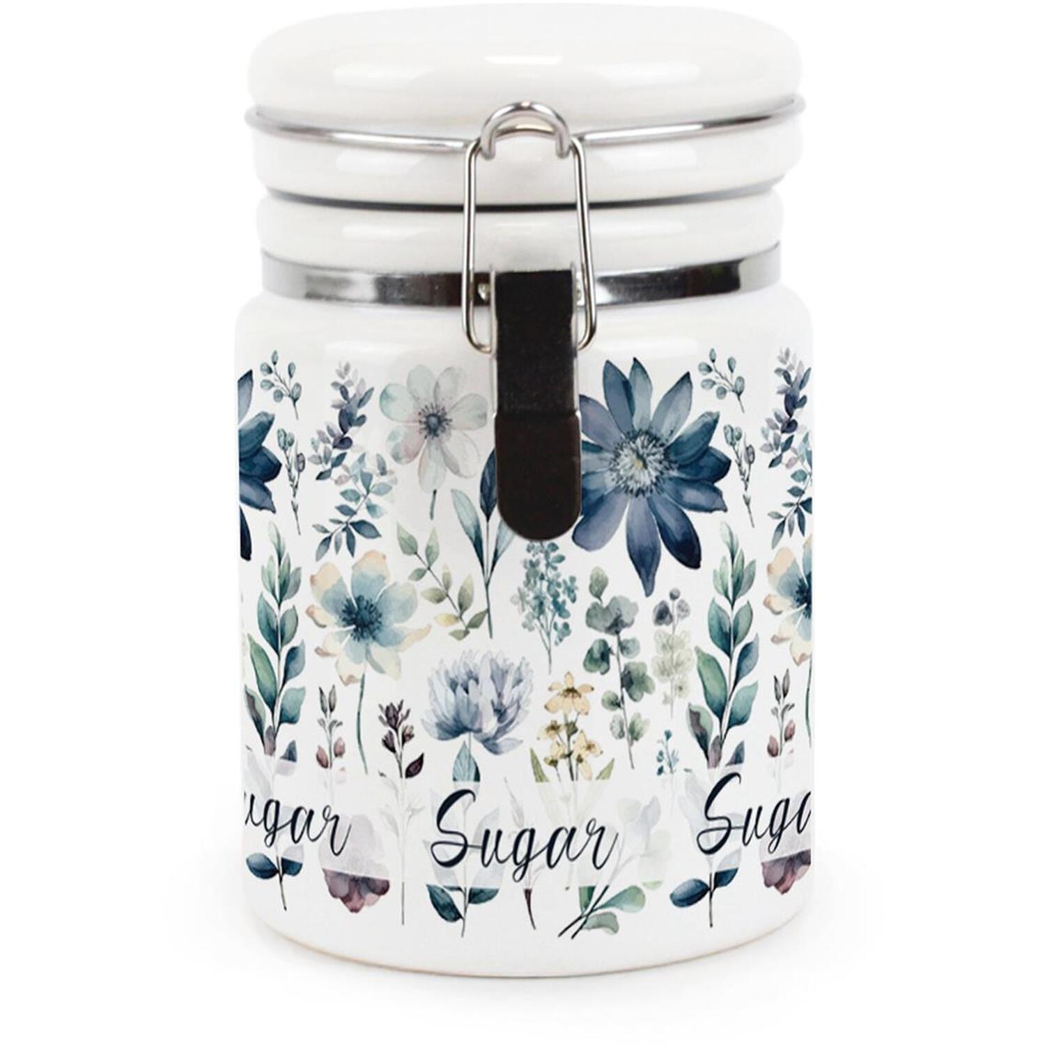 B&Q -  Blue Pastel Flowers Sugar CanisterPretty Watercolour Floral GiftsCeramic Kitchen Storage Container With Clip Lid 400Ml - Image 3