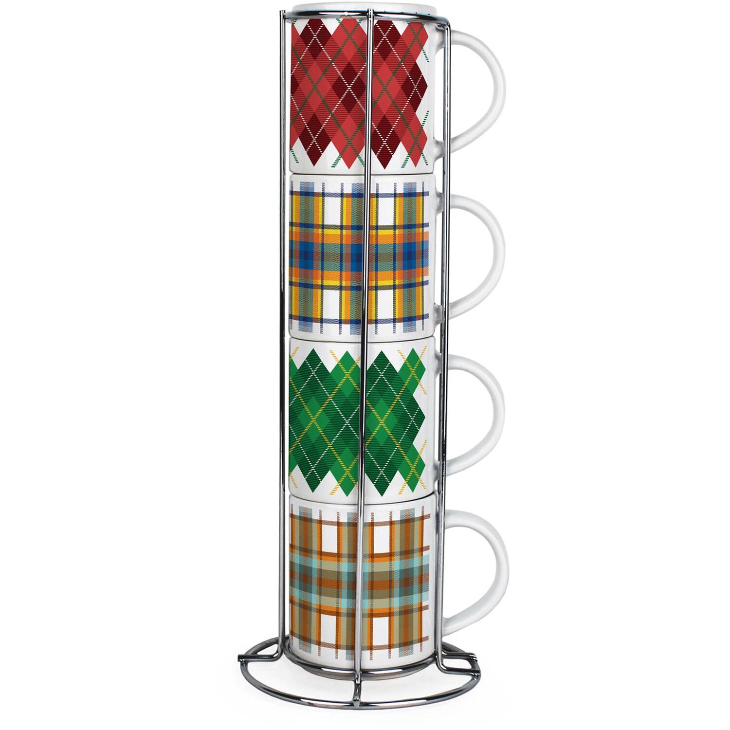 B&Q -  Tartan & Argyle Small Stacking Mugs GiftSet Of 4 Ceramic Cups With Stand - Image 3