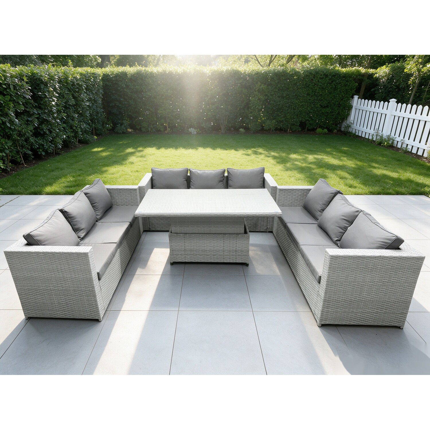 Rackhams Light/Grey/Dark Lounge Rattan Garden Furniture Set Height Adjustable Rising Lifting Table Dining Set - Image 2