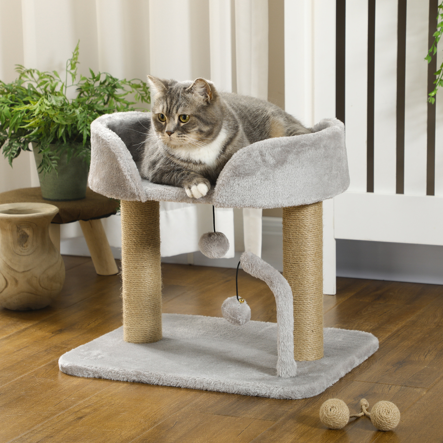 Pawhut Light Gray 42Cm Indoor Cat Tree, With Toy Balls, Jute Scratching Post - Light Grey - Image 4
