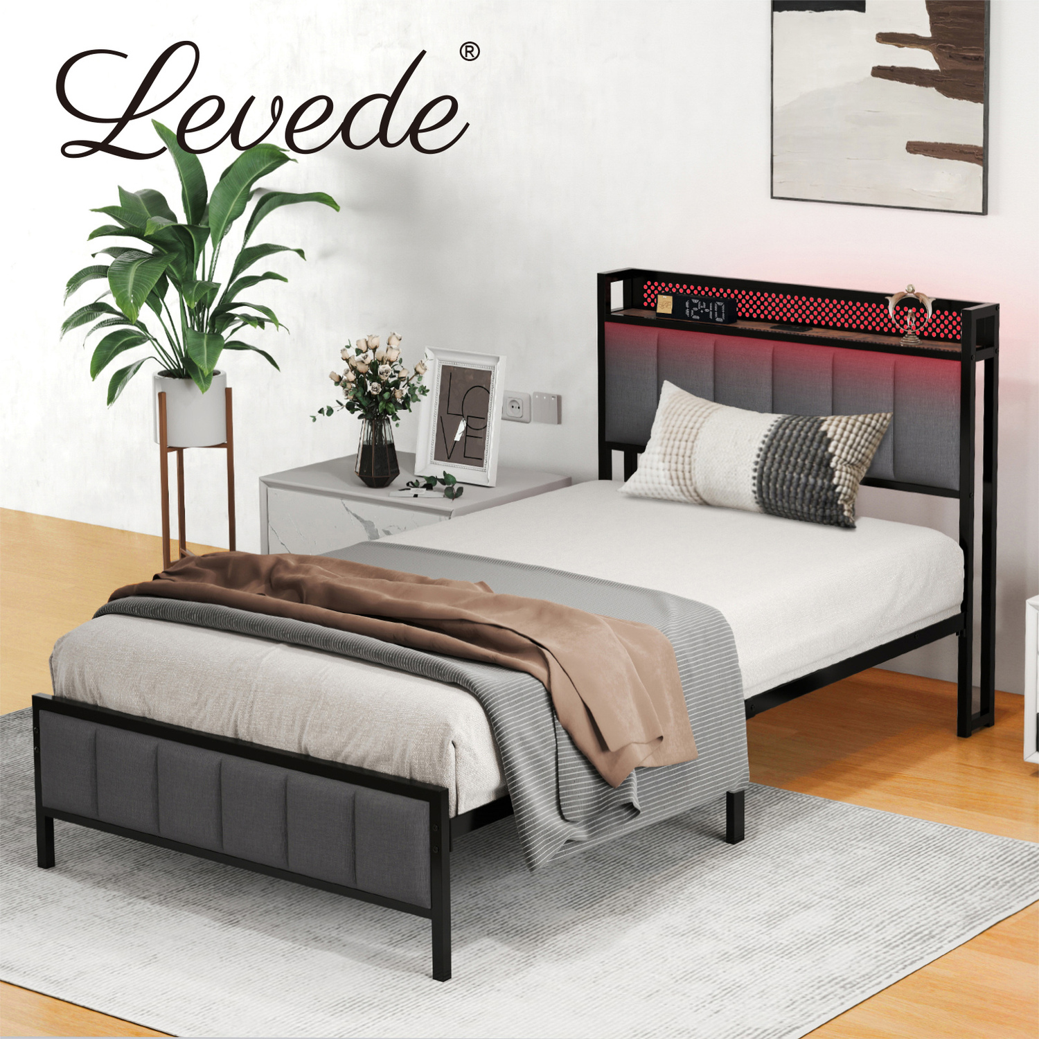 HexGuard Levede Long Single Bed Frame with Upholstered Headboard, Integrated LED Lighting, and USB Charging Ports, 90 x 200cm Grey - Image 2