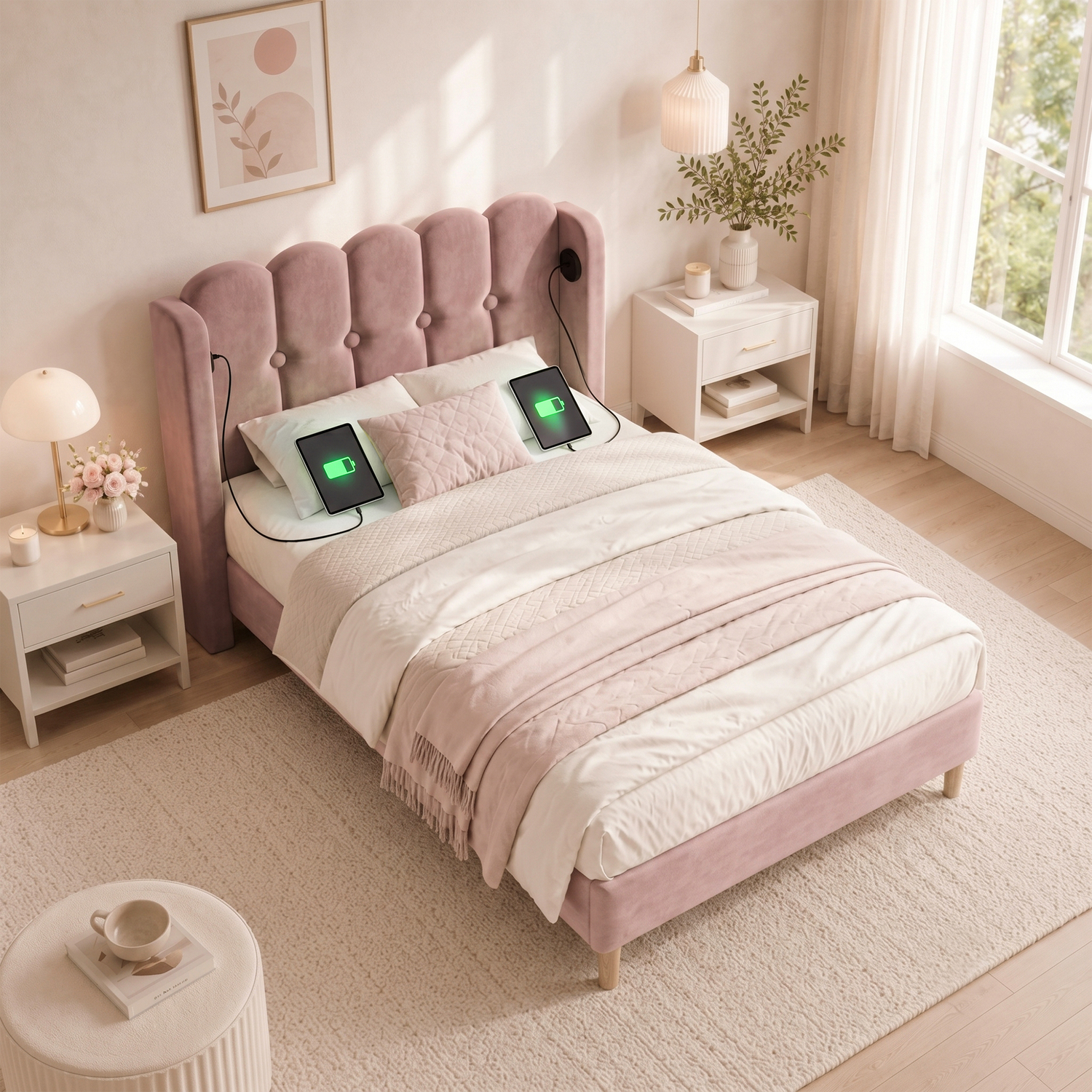 Aka Single Velvet Bed With Usb & Type-C Charging, Pink - Pink