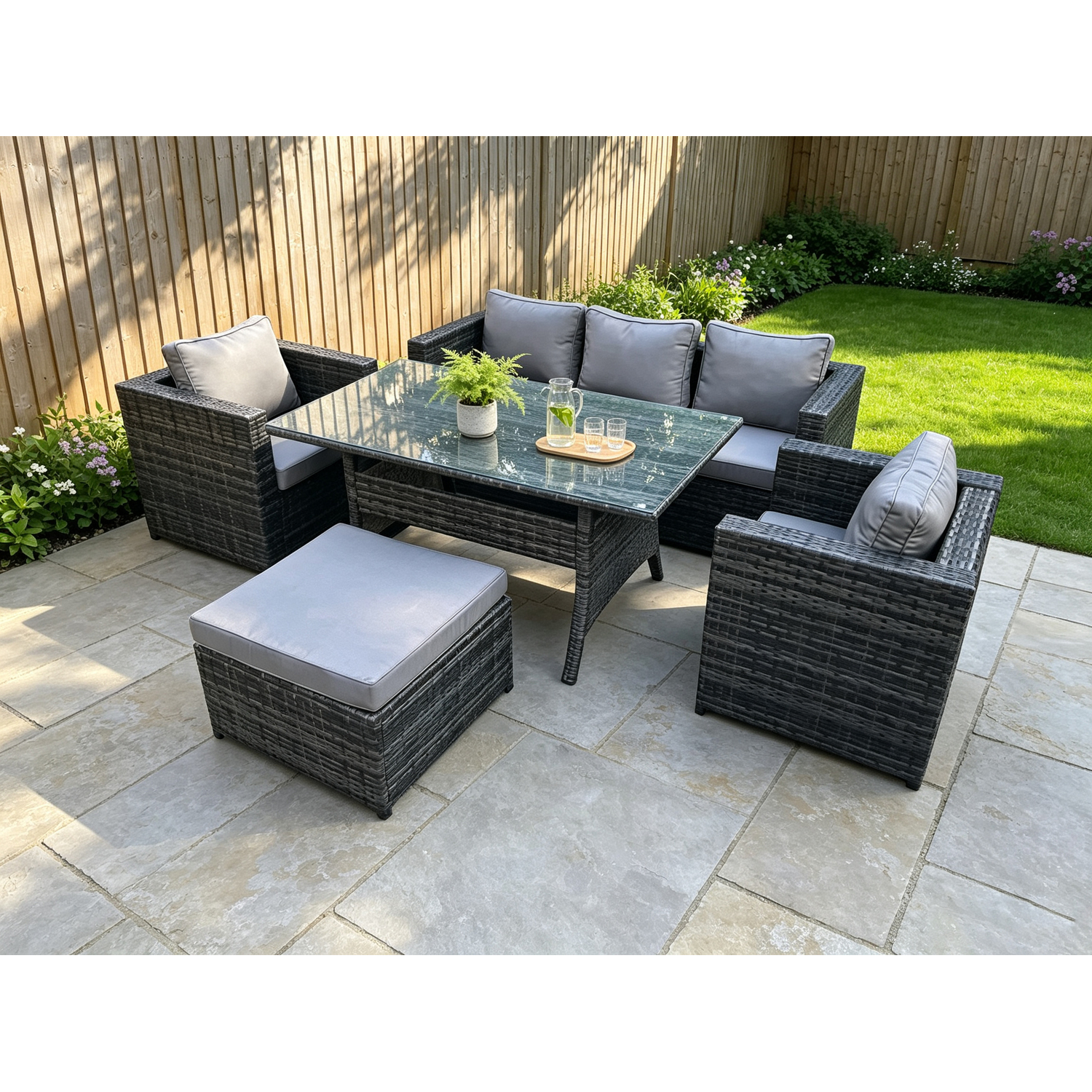 Rackhams Dark/Grey 6 Seater Pe Wicker Rattan Garden Furniture Set Lounge Sofa Chair And Rectangular Dining Table Set Big Footstools Mixed - Image 2