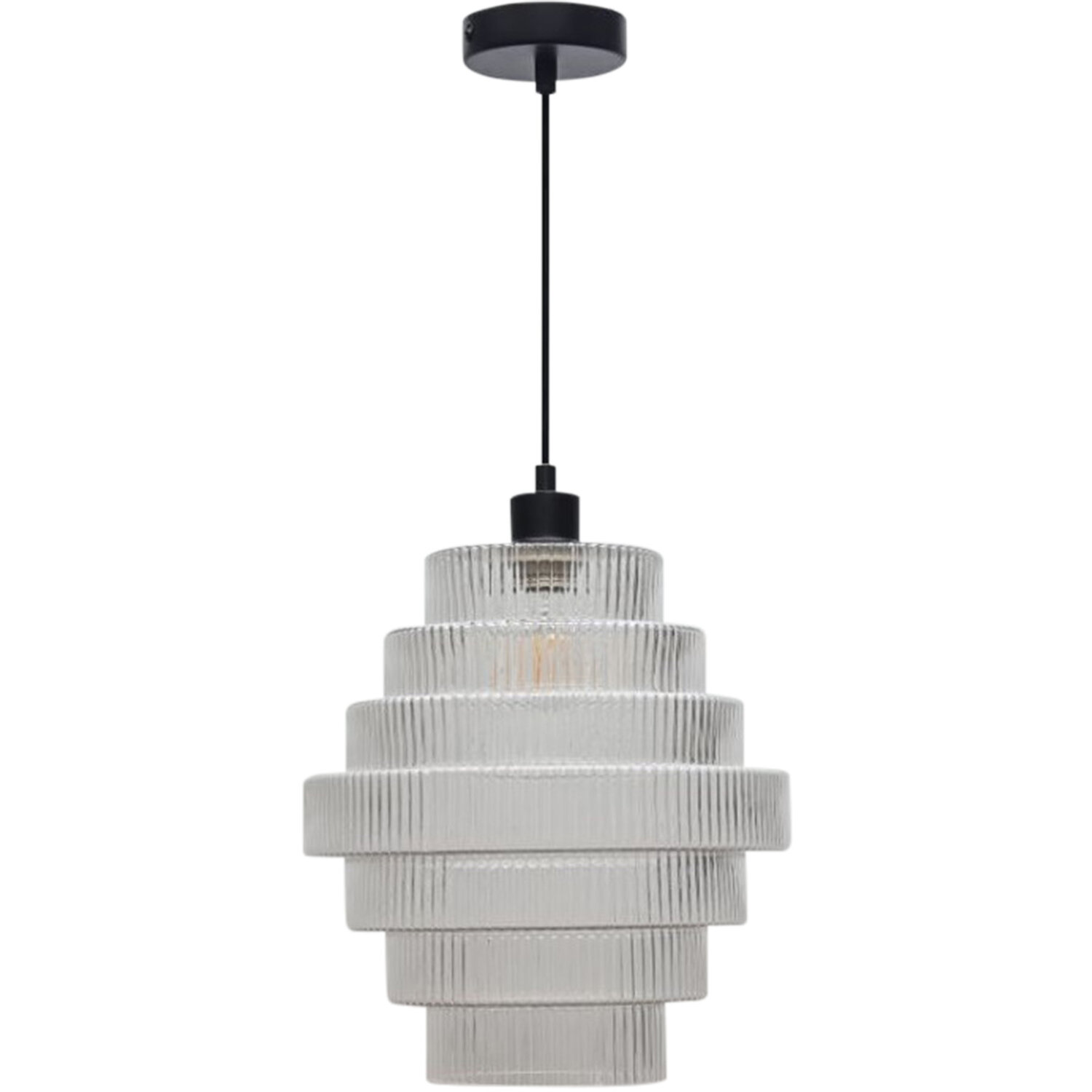 First Choice Lighting Benson 7 Tier Large Clear Glass & Black Ceiling Pendant Light - Black & Clear