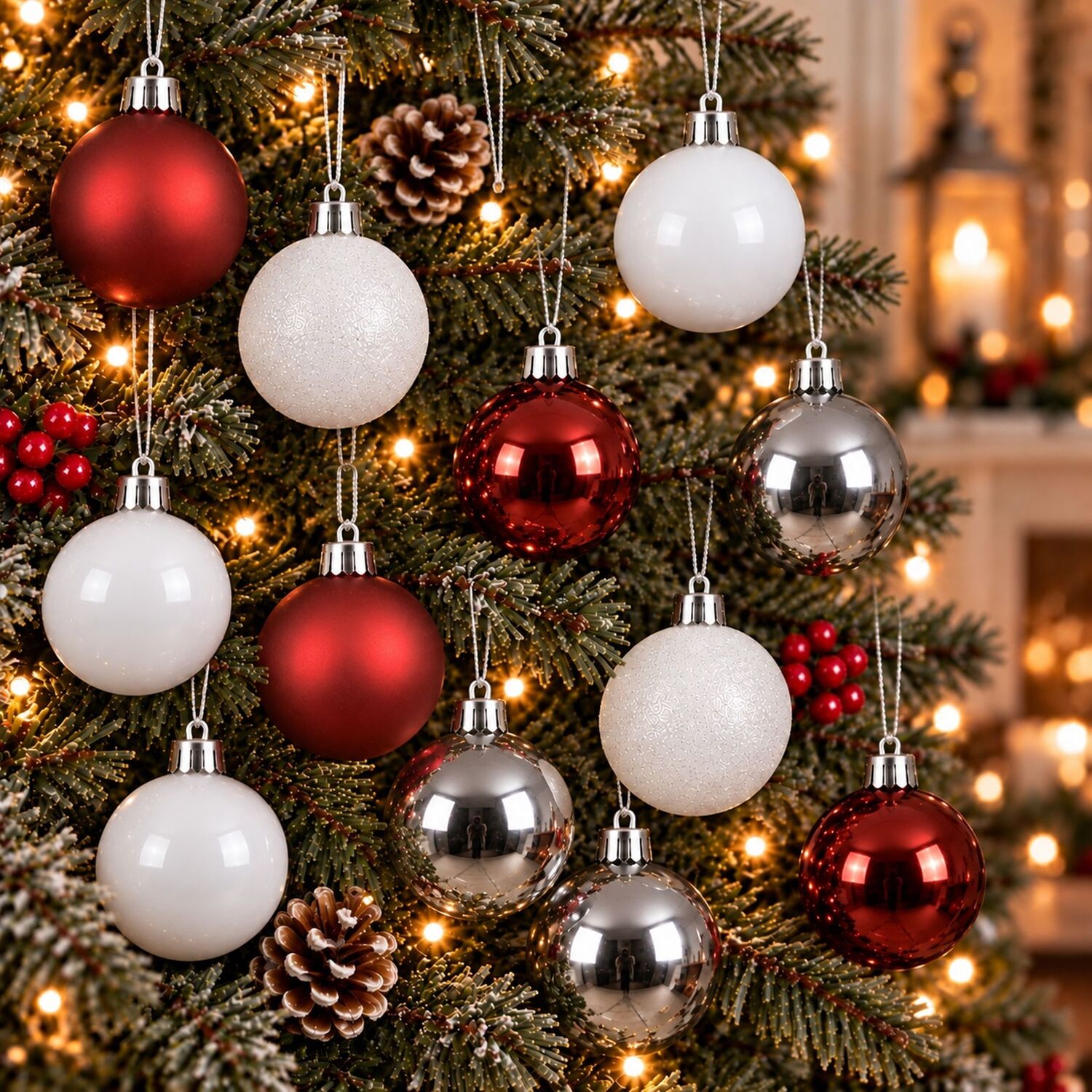 30 Christmas Tree Baubles Shatterproof Ornaments Red White Silver Decs 6cm - Image 2
