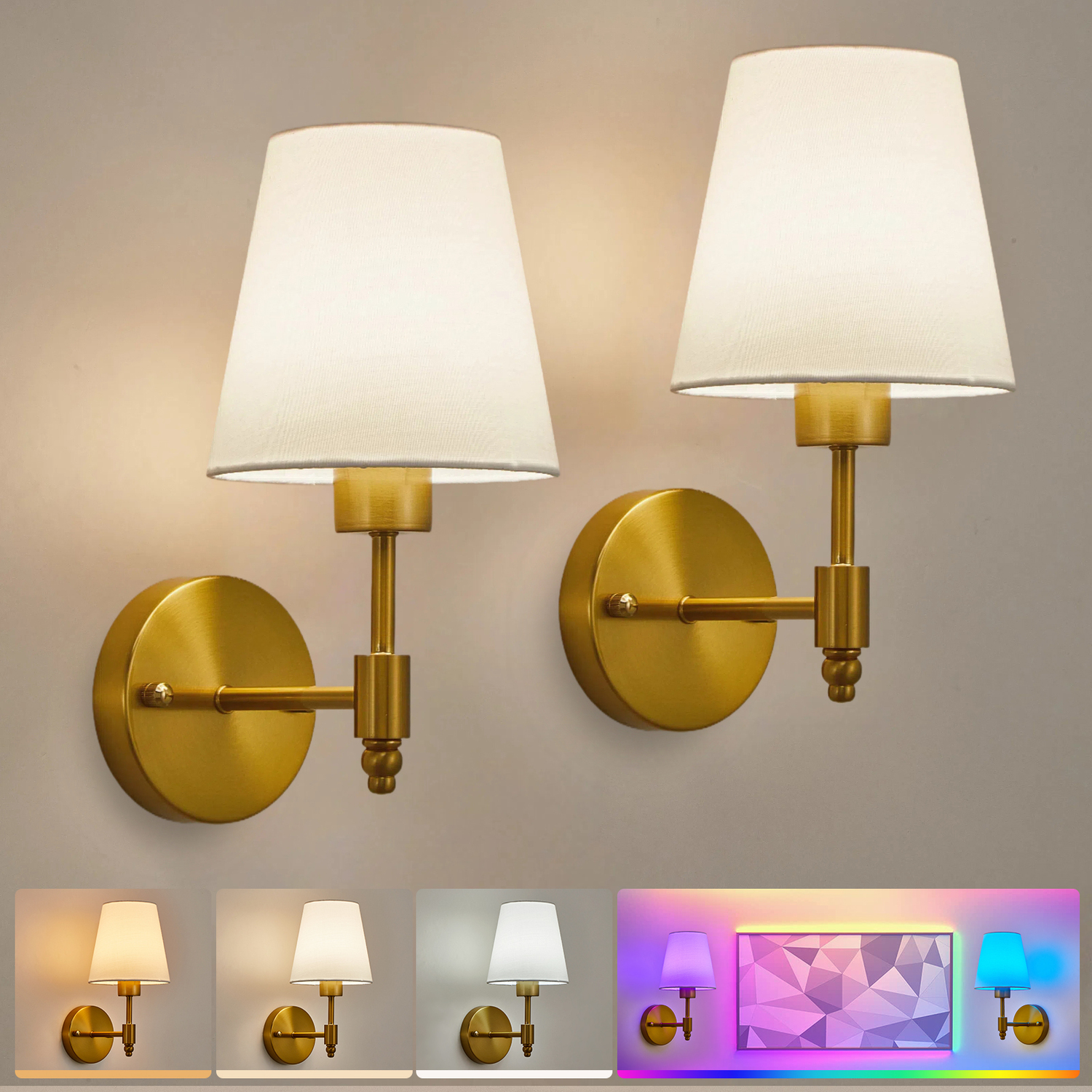 B&Q - Set Of 2 Battery Wall LightsFabric Lamps With Rechargeable BulbsRemote3 Cct & 9 Rgb Dimmable Brass - Image 4