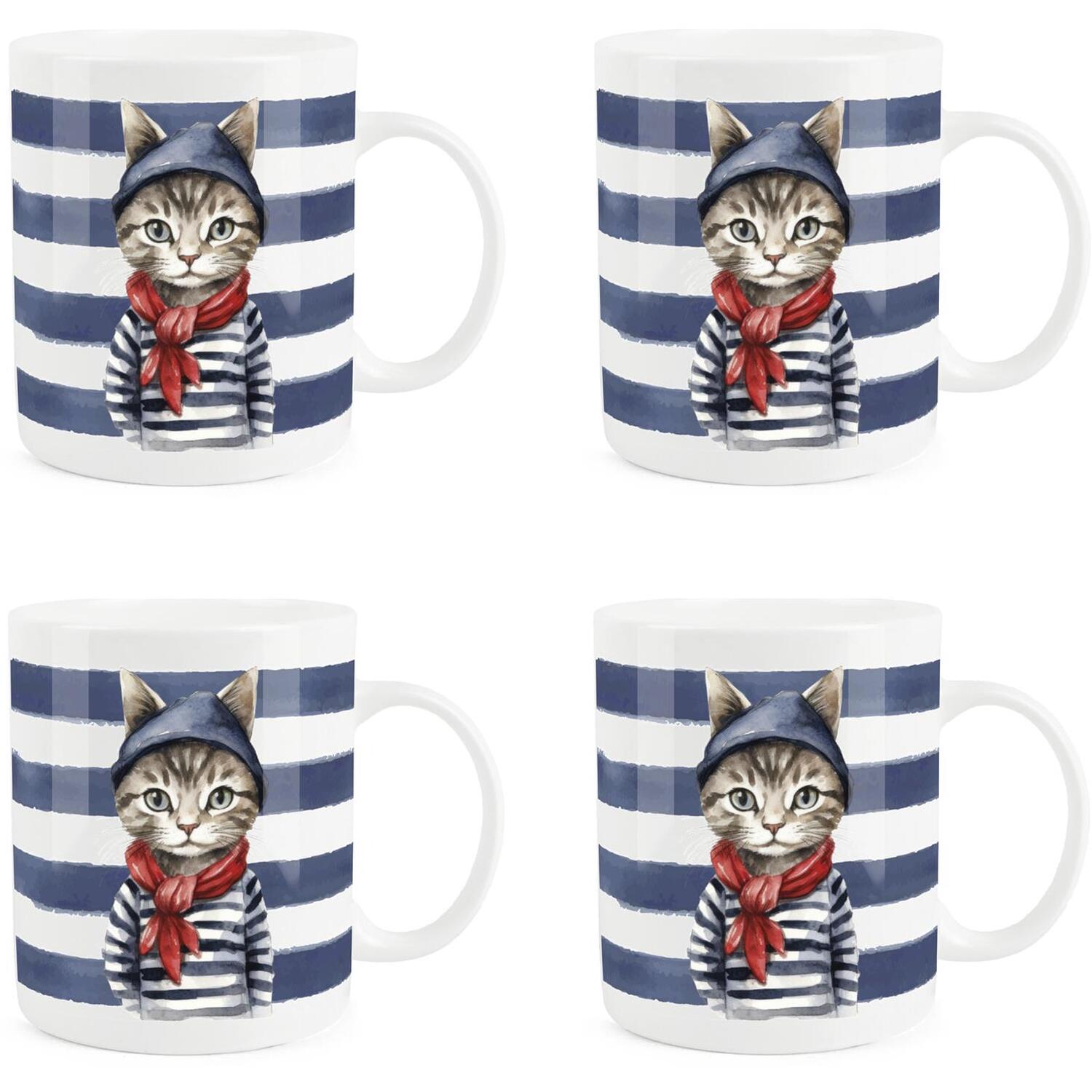 Purely Home Sailor Cat Bone China Mugs - Set Of 4 - White