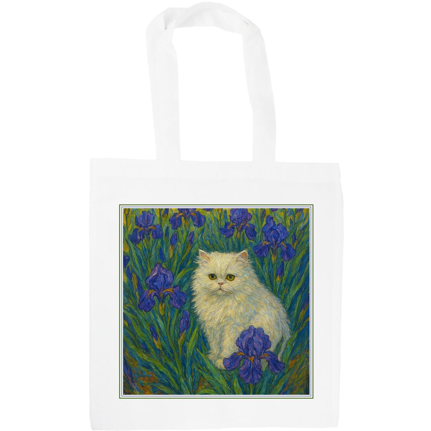 Van Gogh White Cat Tote Bag - Irises Reusable Shopping Bag Gifts for Cat Lovers - Image 2