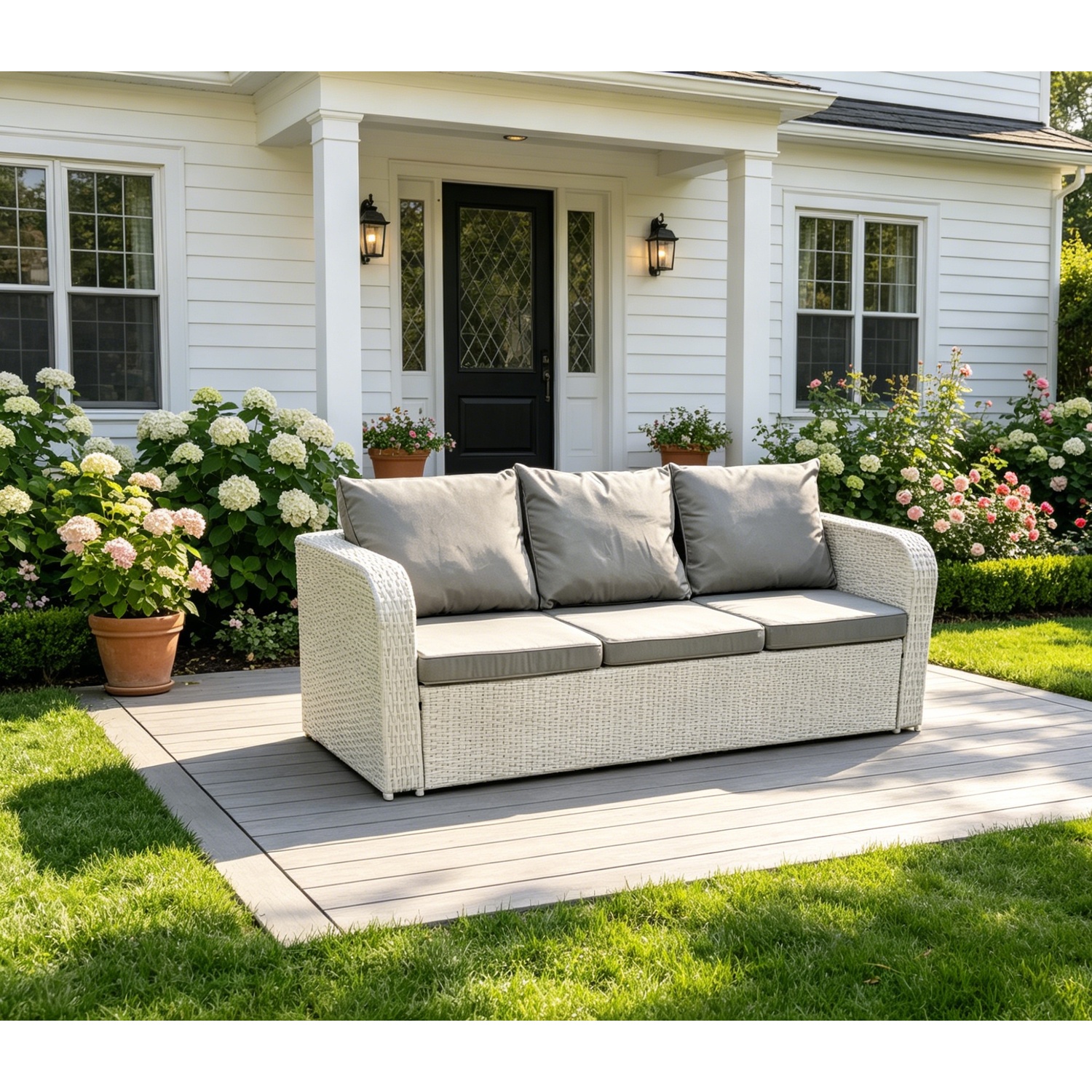 Fimous High Back 3 Seater Rattan Sofa Light Grey Outdoor Furniture &Cushion - Image 2