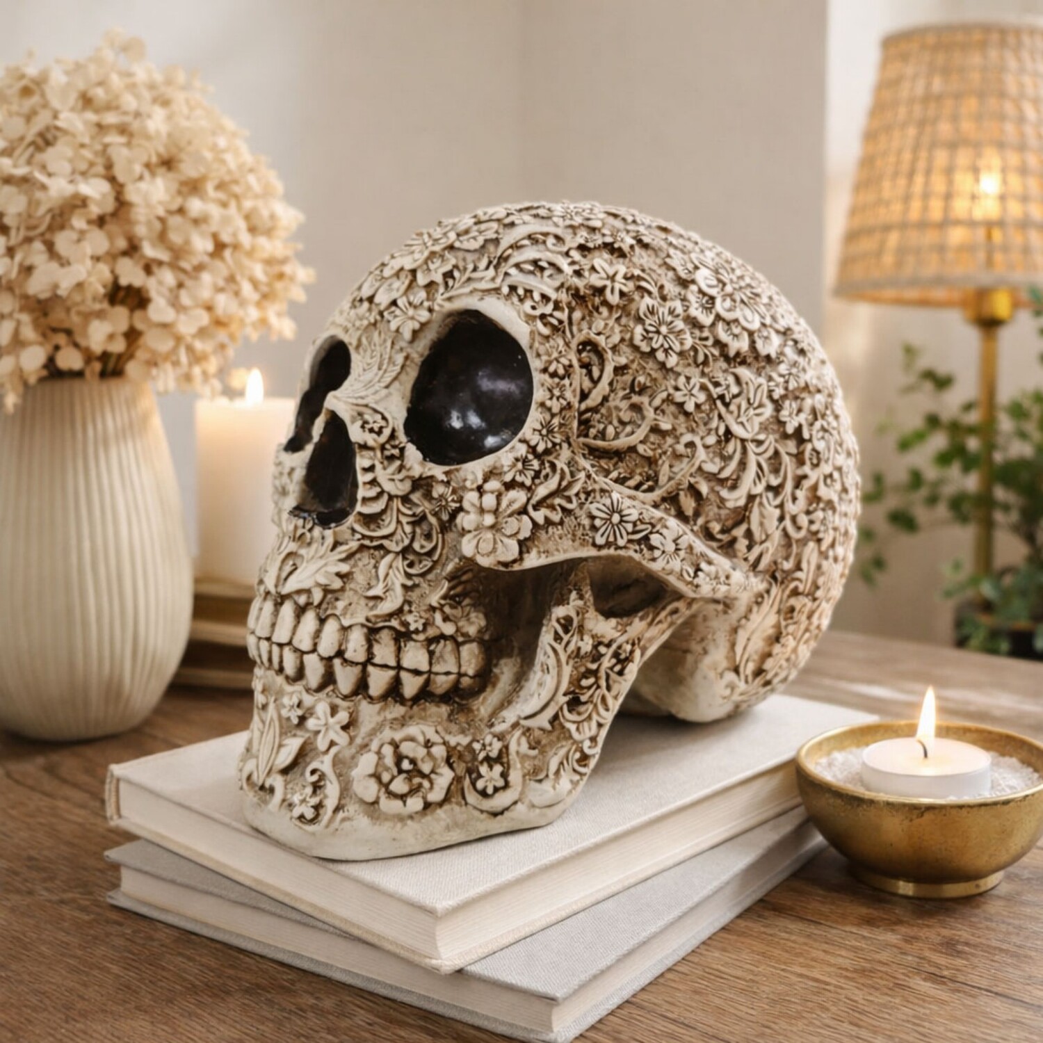 Voltico Unisex Beige Floral Gothic Resin Skull Ornament - Halloween Décor In - Image 2