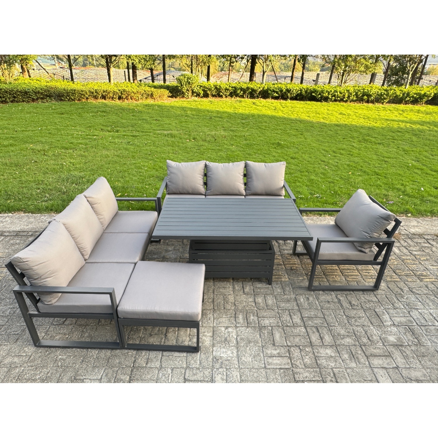 Rackhams Dark/Grey Aluminium Garden Furniture Sets,8 Seater Outdoor Sofa Dining Set With Adjustable Rising Lifting Dining Table Big Footstool - Image 3