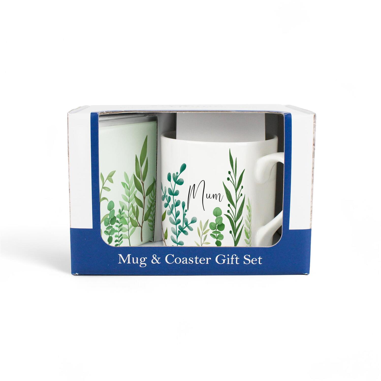 Purely Home Green Foliage Mum Mug & Coaster Gift Boxed Set - Green