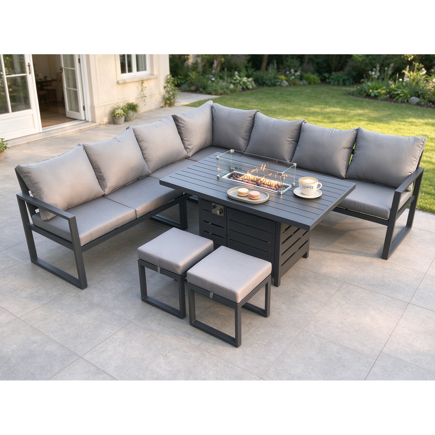 Fimous Aluminum Outdoor Garden Furniture Corner Sofa Gas Fire Pit Dining Table Sets 2 Pc Stools 9 Seater - Image 3