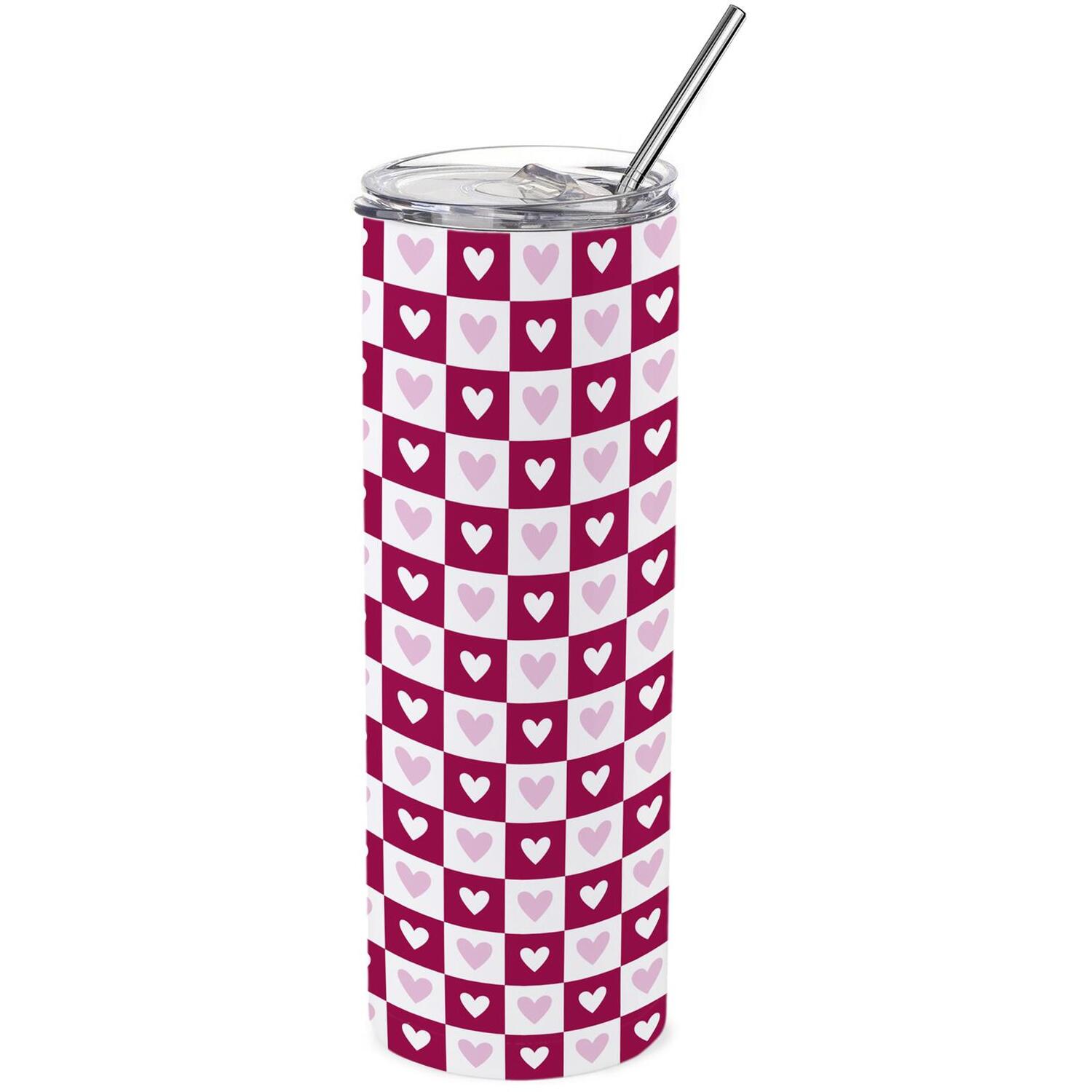 Purely Home Dark Pink Hearts Stainless Steel Travel Tumbler With Straw