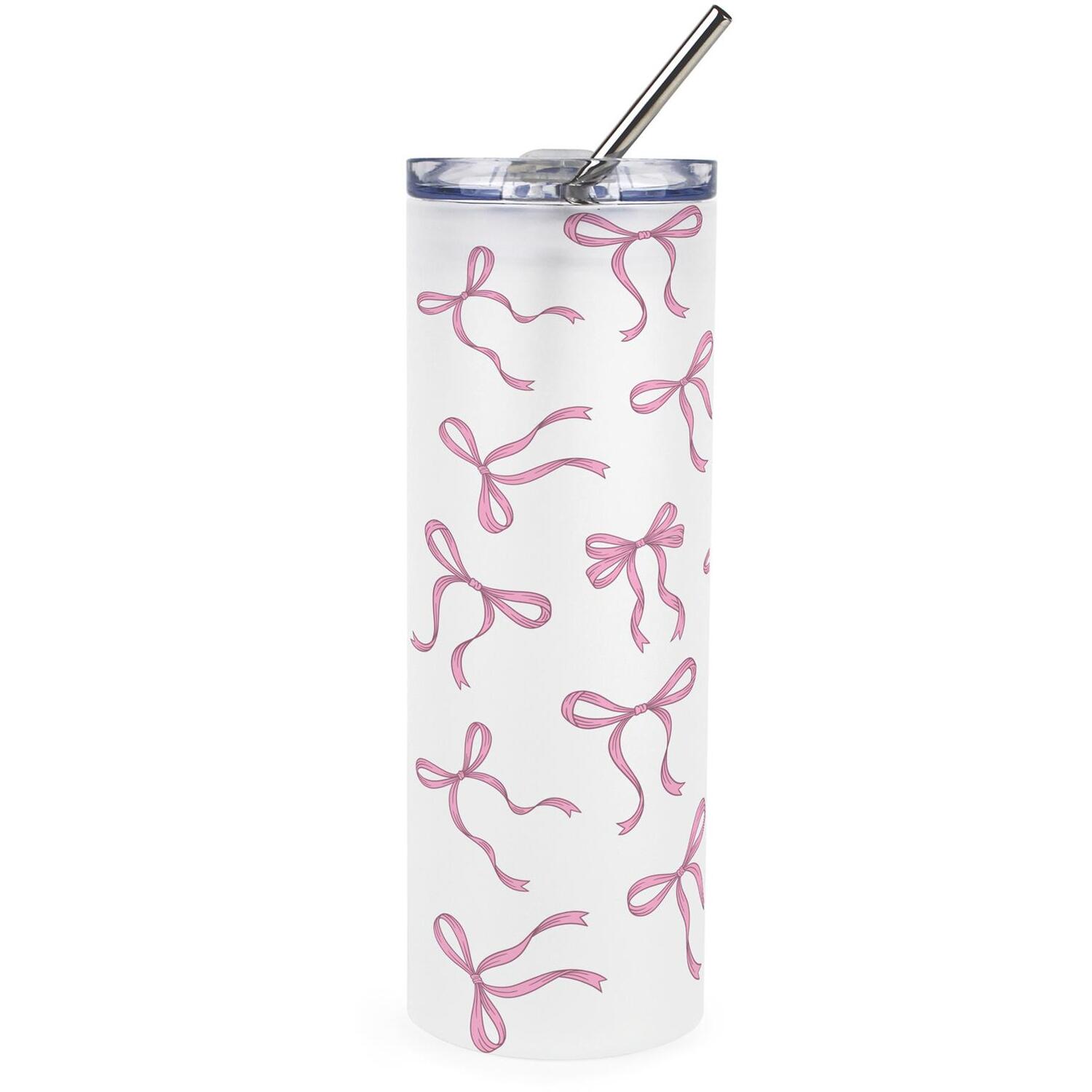 Pink Bows Glass Travel Flask - Reusable Frosted Drinks Cup Gift with Straw - Image 2