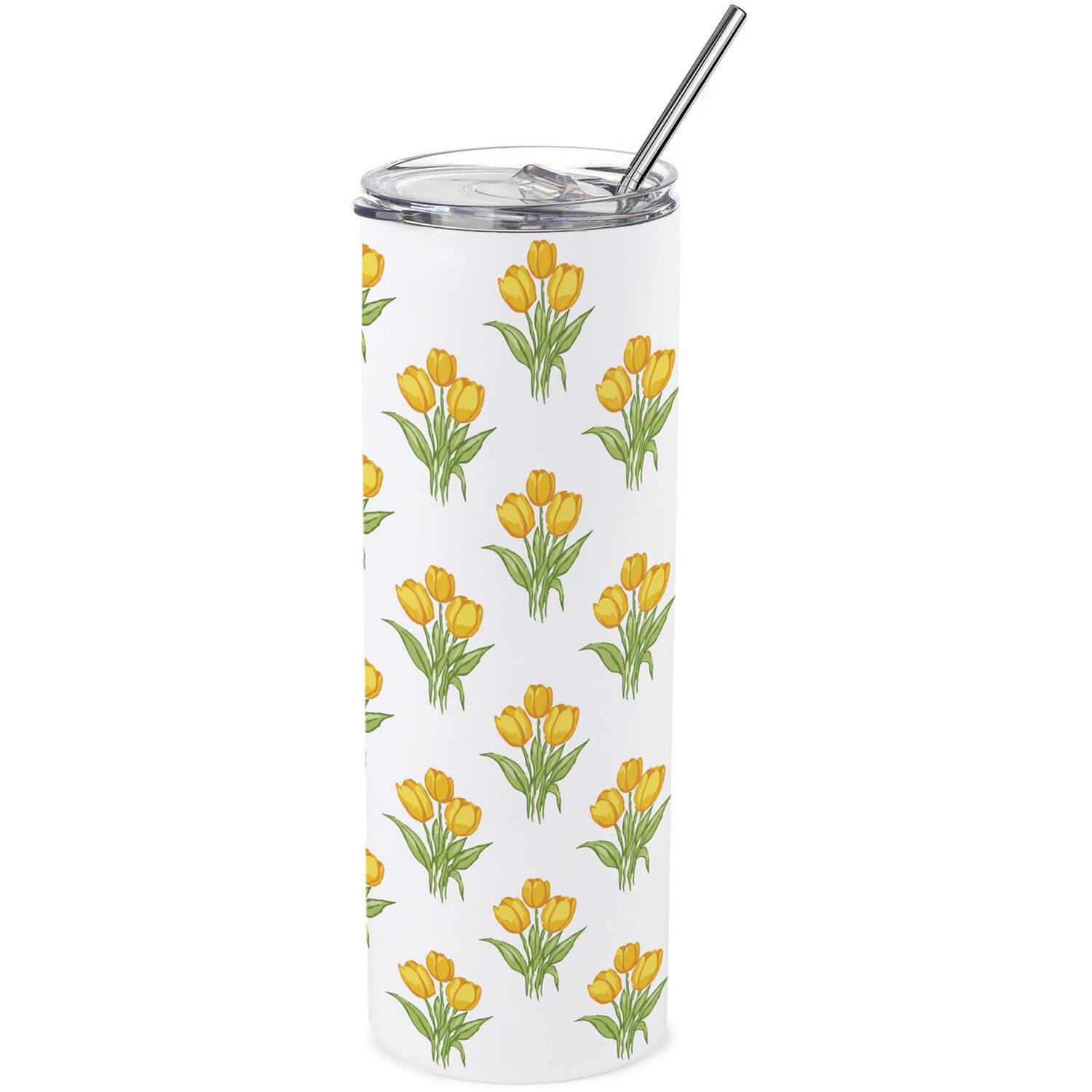 B&Q -  Yellow Tulips Stainless Steel Travel Tumbler With Straw - Image 3