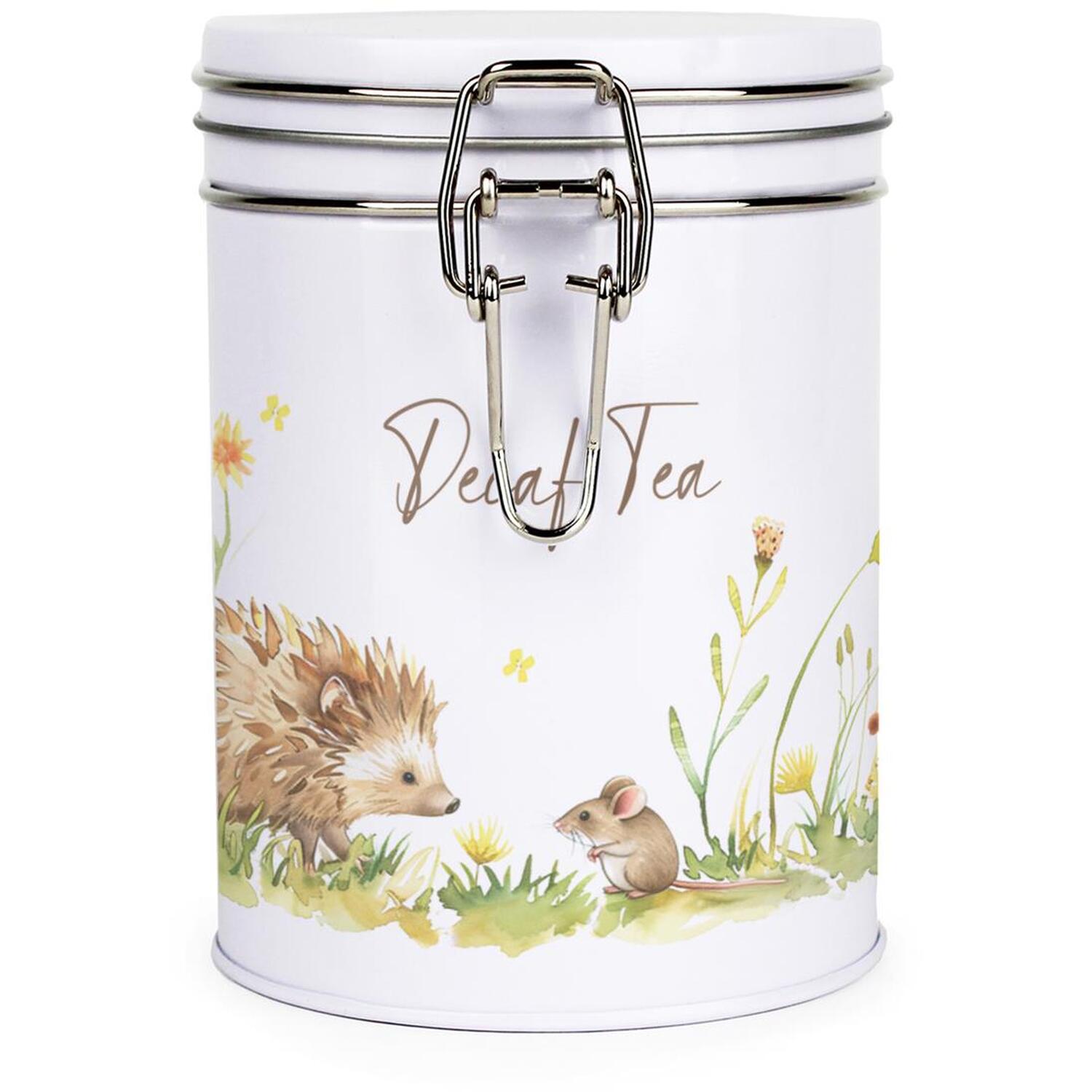 Hedgehog & Mouse Decaf Tea Canister - Metal Clip Lid Kitchen Storage Gifts - Image 2