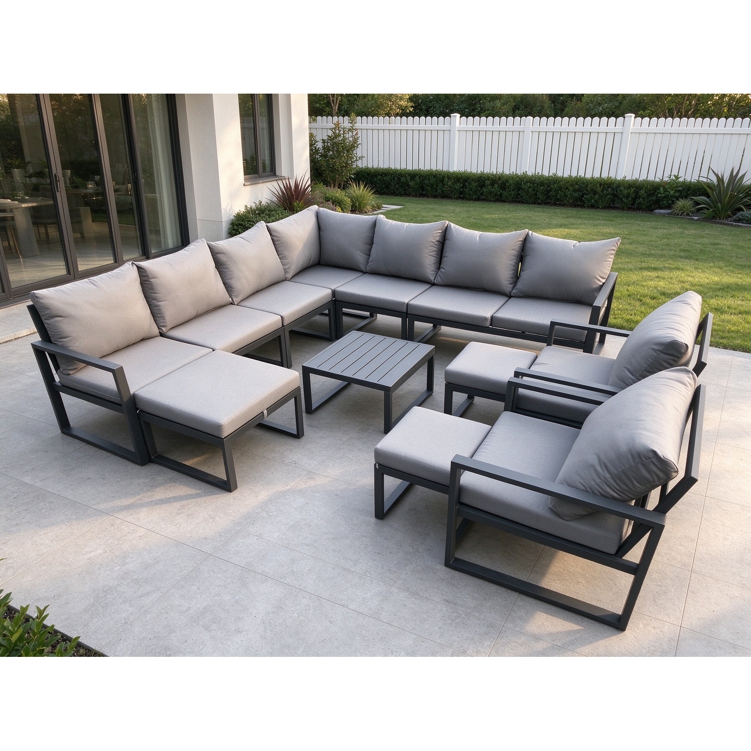 Fimous Dark/Grey Aluminium Outdoor Garden Furniture Set Lounge Corner Sofa Square Coffee Table 2 Pcs Chair Sets With 3 Footstools - Image 2