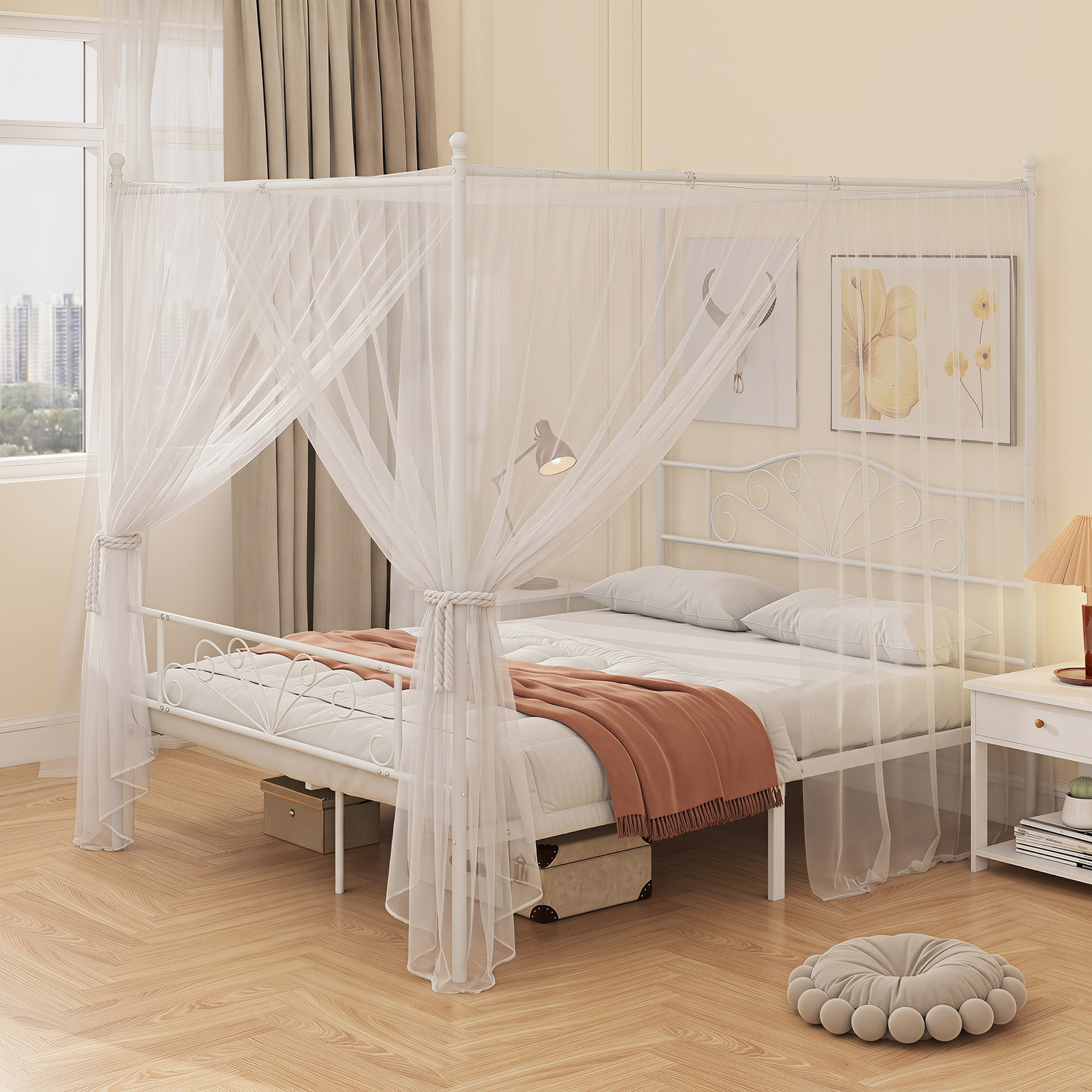 Homcom White Canopy Bed Frame King Size, Metal Platform Bed Frame With Headboard And Footboard, Underbed Storage, - Image 4
