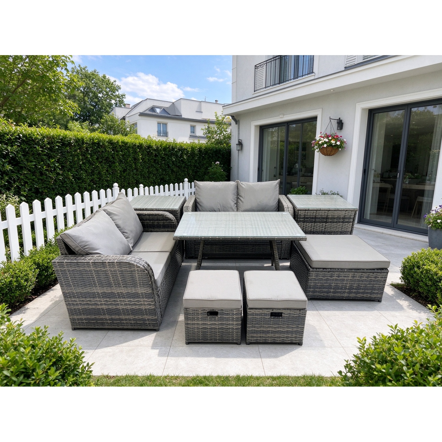 B&Q - 7 Seater Garden Outdoor Rattan Furniture Set Rattan Sofa Oblong Dining Table With 2 Side Tables Dark Grey - Image 2