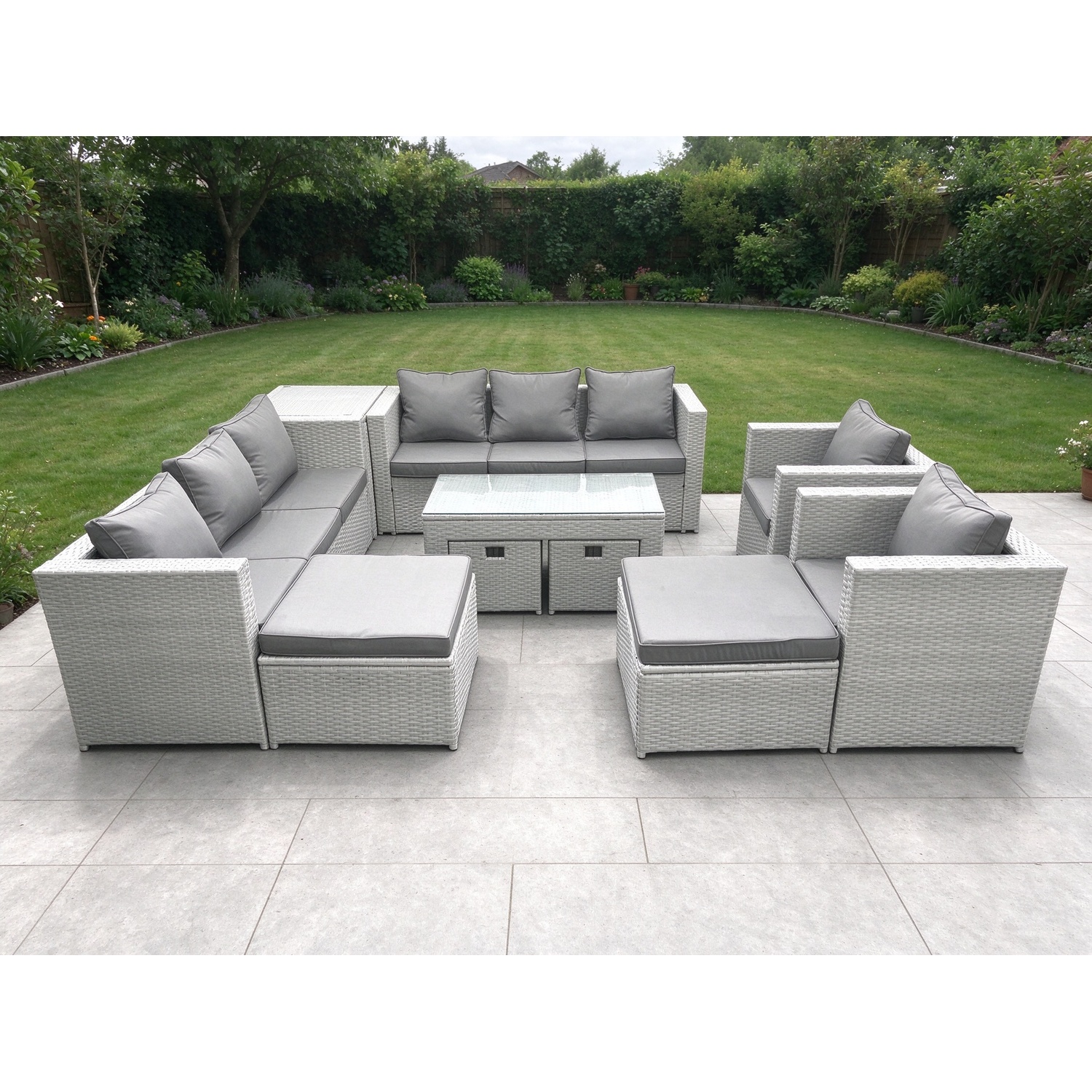 Fimous Rattan Garden Furniture Set Outdoor Lounger Sofa With Coffee Table 4 Footstools Side Table Light Grey Mixed - Image 3