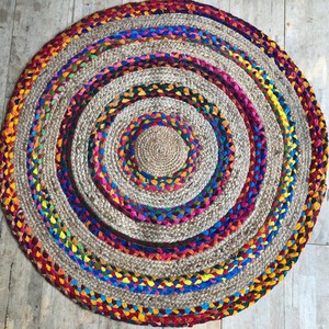 Round Circle Rag Jute And Multi Chindi Braided Rug, 90cm