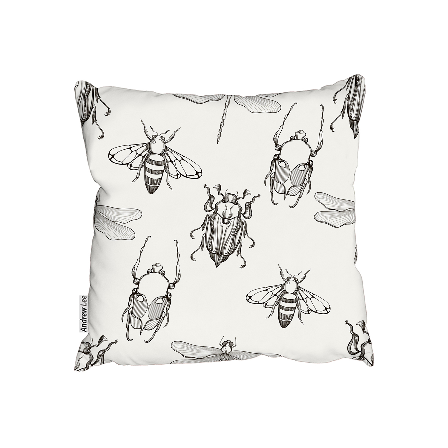 Sketch Of Scarab Beetle, May Bug, Bee And Dragonfly Cushion - White / 60cm