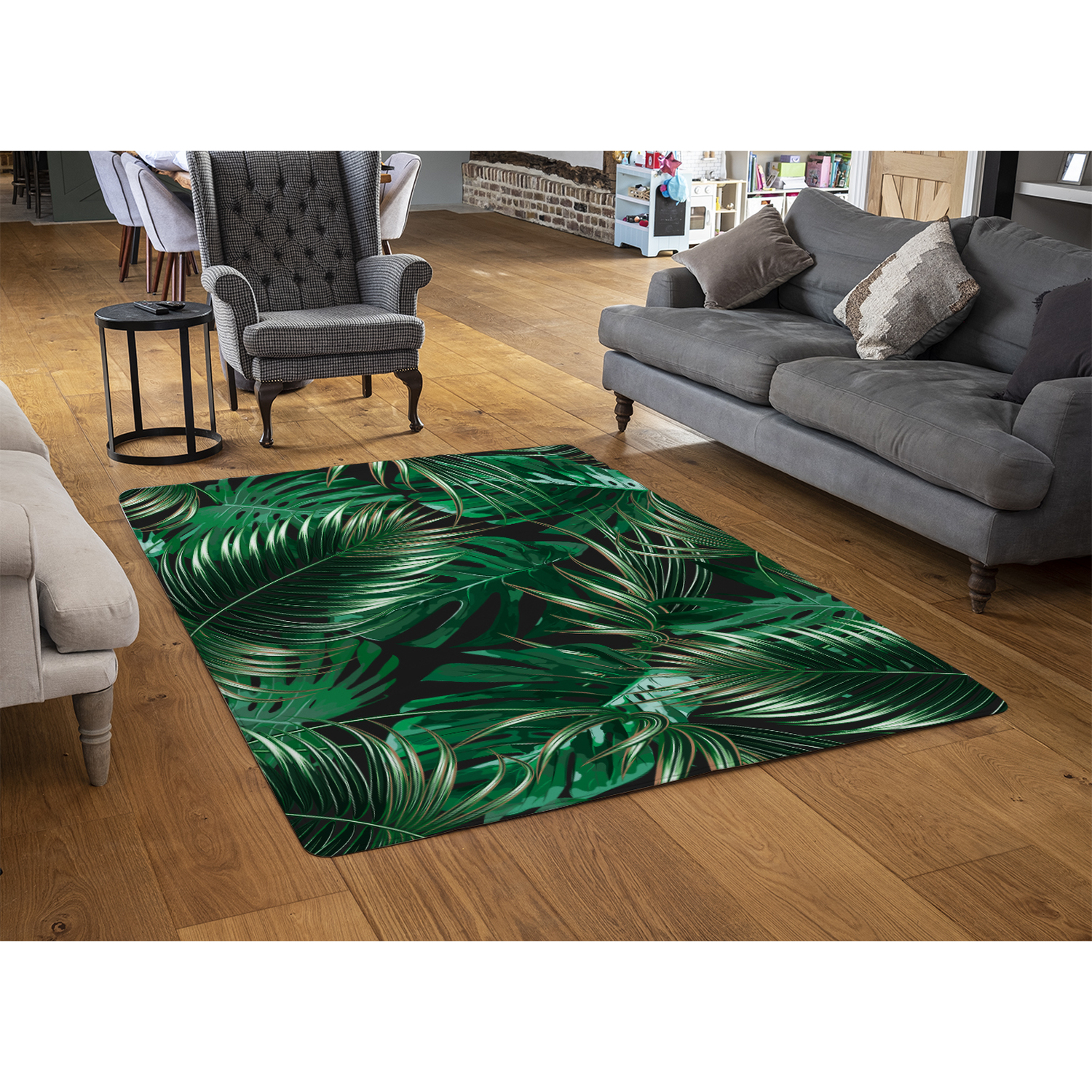 Tropical Leaves On Black Rug - Green / 150cm thumbnail